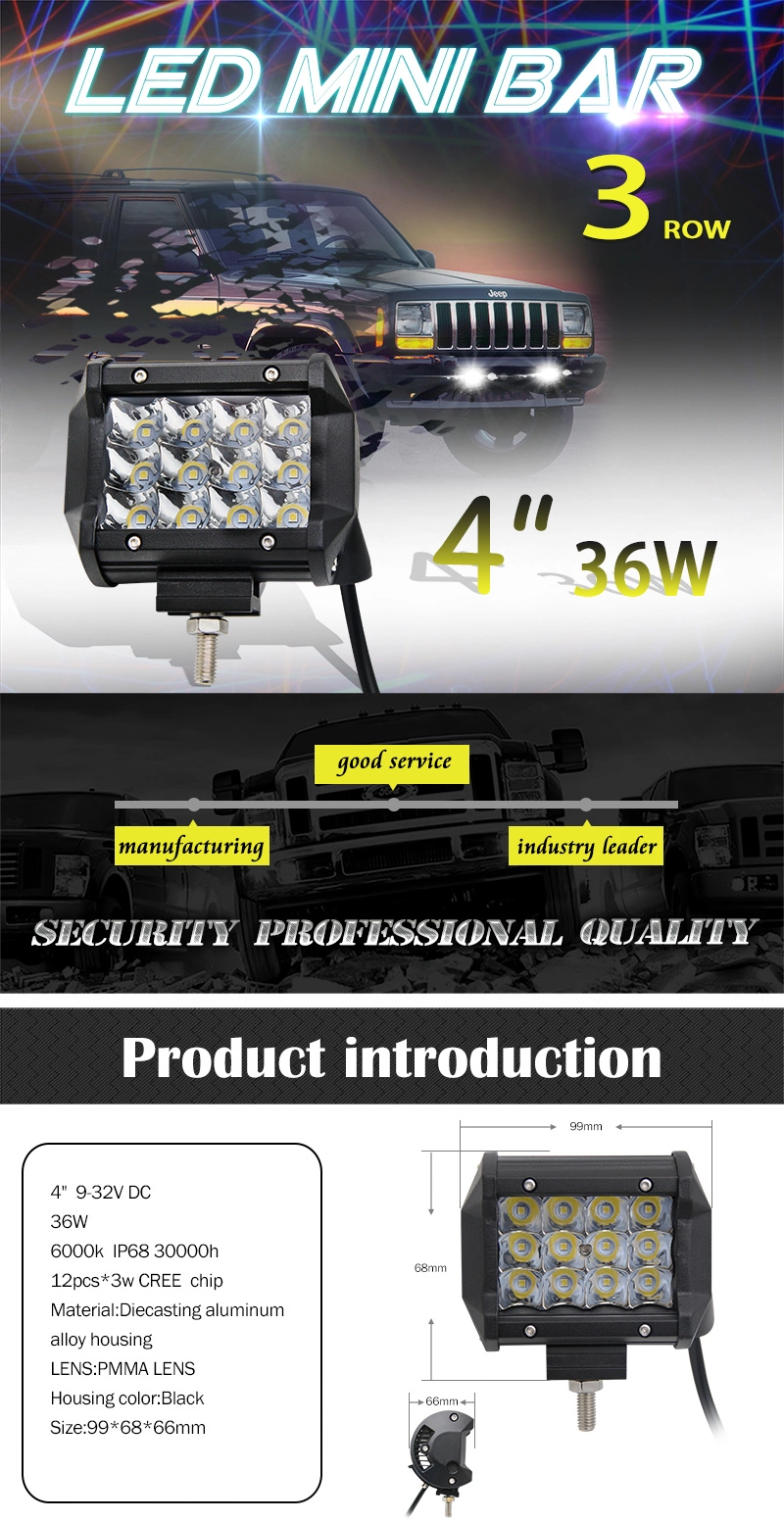 Newest Mini 4" IP 68 Spot Light 36W 3 Row off Road LED Light Bar